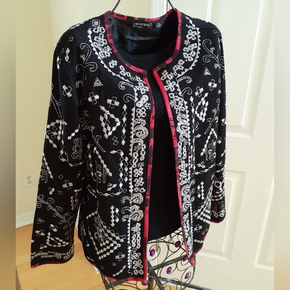 Notations Cotton Jacket Cardigan Silver Embroidery Beads Size S Black Red Artsy - Picture 8 of 17